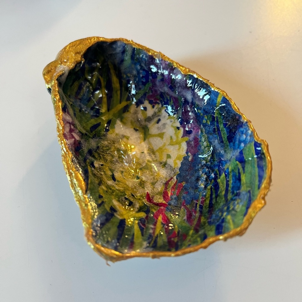 Handmade Wild Flower Decoupage Oyster Shell Ring Dish